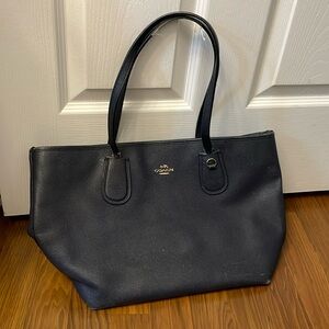 Coach navy leather tote with top zipper (well loved)